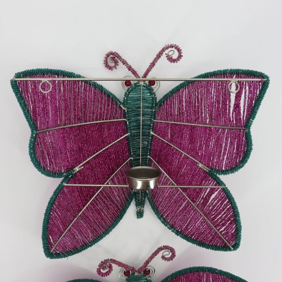 Y2K Set of 2 Beaded Butterfly Wall Sconce Candle Holder Pink Teal 2000s Vintage - Picture 8 of 11